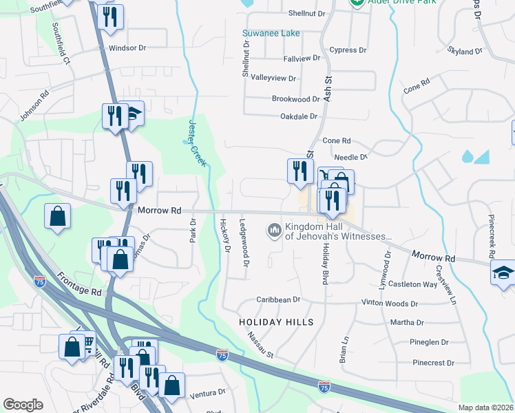 map of restaurants, bars, coffee shops, grocery stores, and more near 642 Morrow Road in Forest Park
