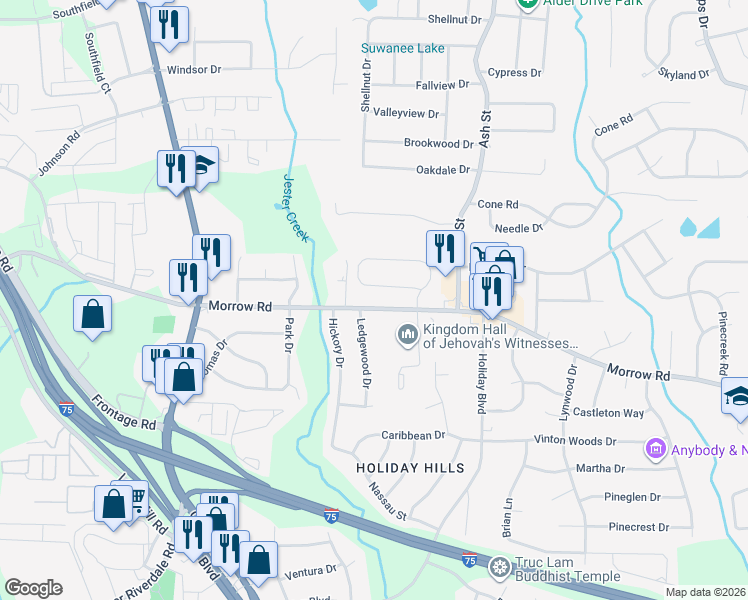 map of restaurants, bars, coffee shops, grocery stores, and more near 642 Morrow Road in Forest Park