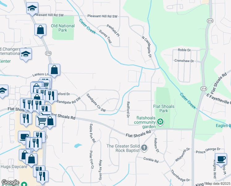 map of restaurants, bars, coffee shops, grocery stores, and more near 2120 Sandgate Circle Southwest in Atlanta