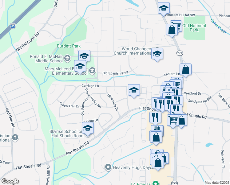 map of restaurants, bars, coffee shops, grocery stores, and more near 6036 Hillandale Drive in Atlanta