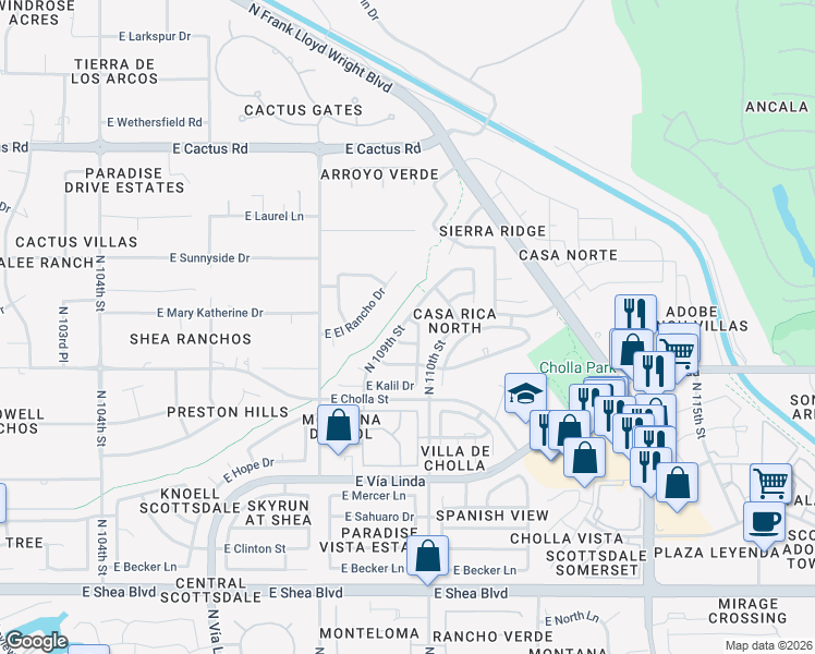 map of restaurants, bars, coffee shops, grocery stores, and more near 10963 East Altadena Drive in Scottsdale