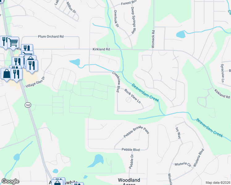map of restaurants, bars, coffee shops, grocery stores, and more near 340 Creekview Boulevard in Covington