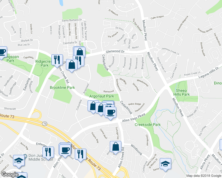map of restaurants, bars, coffee shops, grocery stores, and more near 0 Brentwood in Aliso Viejo