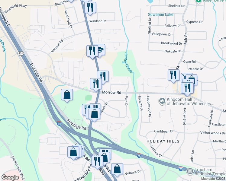map of restaurants, bars, coffee shops, grocery stores, and more near 460 Morrow Road in Forest Park
