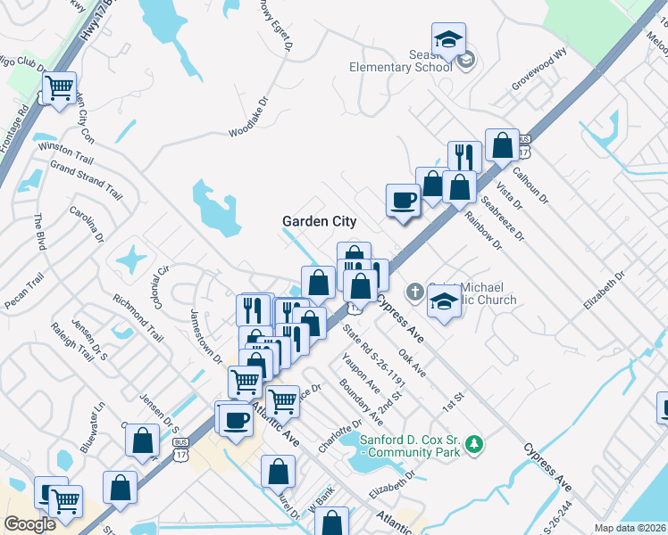 map of restaurants, bars, coffee shops, grocery stores, and more near 707 Garden Lake Drive in Murrells Inlet