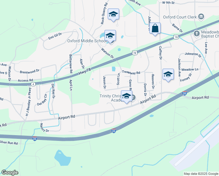 map of restaurants, bars, coffee shops, grocery stores, and more near 109 Jason Drive in Oxford