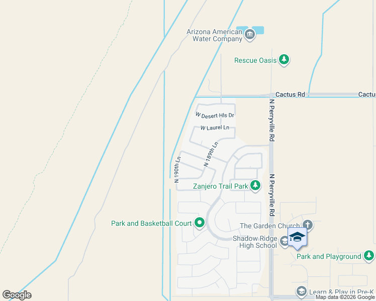 map of restaurants, bars, coffee shops, grocery stores, and more near 19038 Sierra Street in Surprise