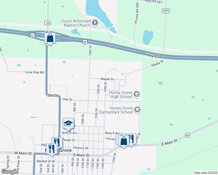 map of restaurants, bars, coffee shops, grocery stores, and more near 1003 Walnut Street in Honey Grove