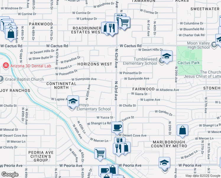 map of restaurants, bars, coffee shops, grocery stores, and more near 11453 North 43rd Drive in Glendale