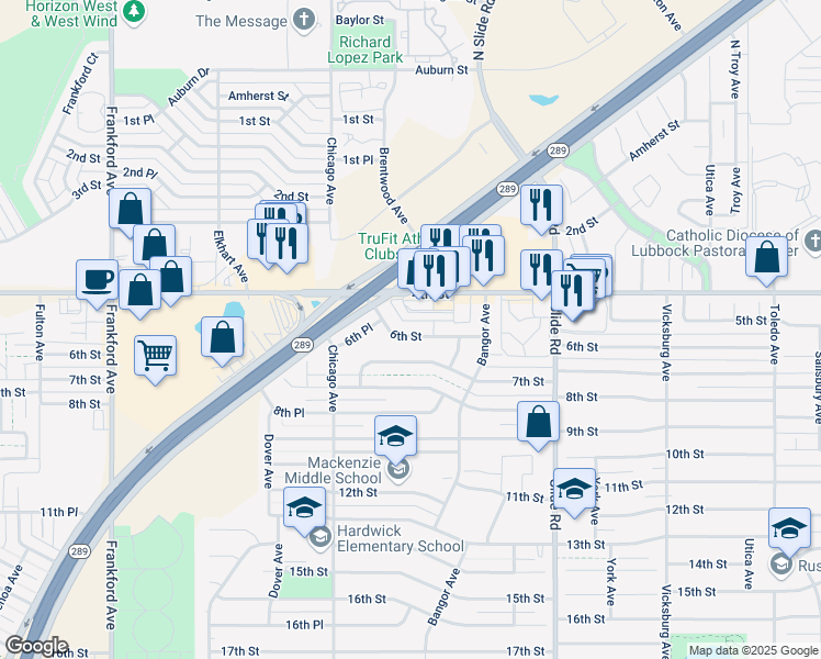 map of restaurants, bars, coffee shops, grocery stores, and more near 5428 6th Street in Lubbock