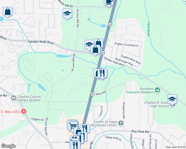 map of restaurants, bars, coffee shops, grocery stores, and more near 563 Briar Hill Lane in Riverdale