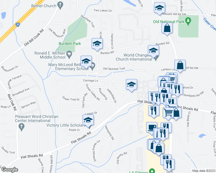 map of restaurants, bars, coffee shops, grocery stores, and more near 6028 Hillandale Drive in Atlanta