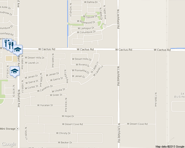 map of restaurants, bars, coffee shops, grocery stores, and more near 11811 North 140th Lane in Surprise