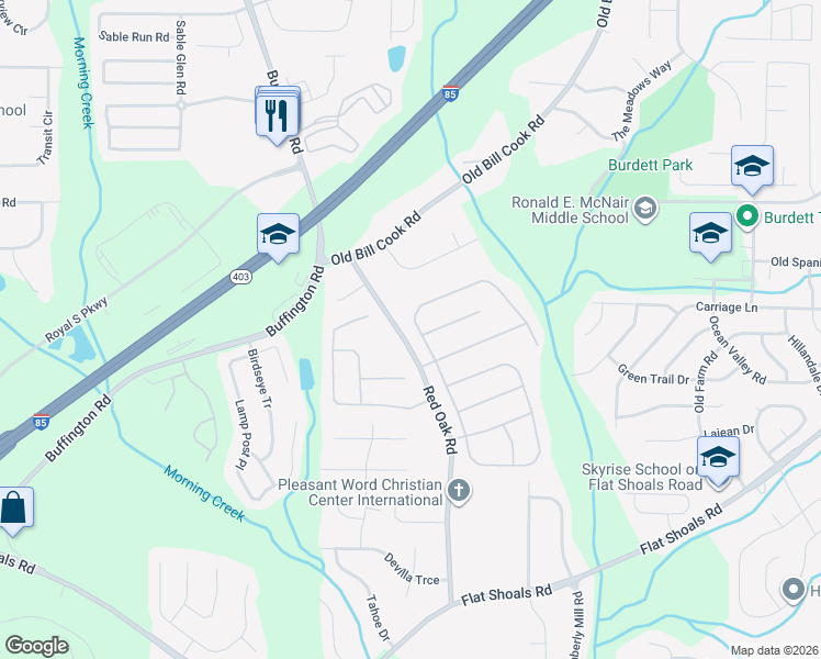 map of restaurants, bars, coffee shops, grocery stores, and more near 6120 Riveroak Terrace in College Park