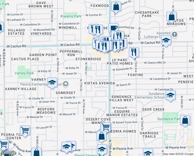 map of restaurants, bars, coffee shops, grocery stores, and more near 7569 West Jenan Drive in Peoria