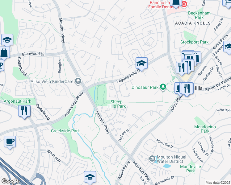 map of restaurants, bars, coffee shops, grocery stores, and more near 25551 Indian Hill Lane in Laguna Hills