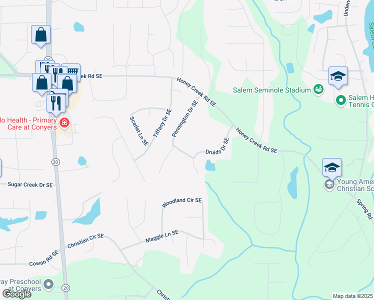 map of restaurants, bars, coffee shops, grocery stores, and more near 1721 Druids Crossing Southeast in Conyers