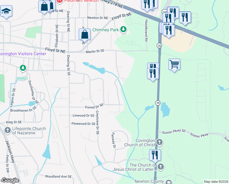 map of restaurants, bars, coffee shops, grocery stores, and more near 7108 Flat Rock Trail Southeast in Covington