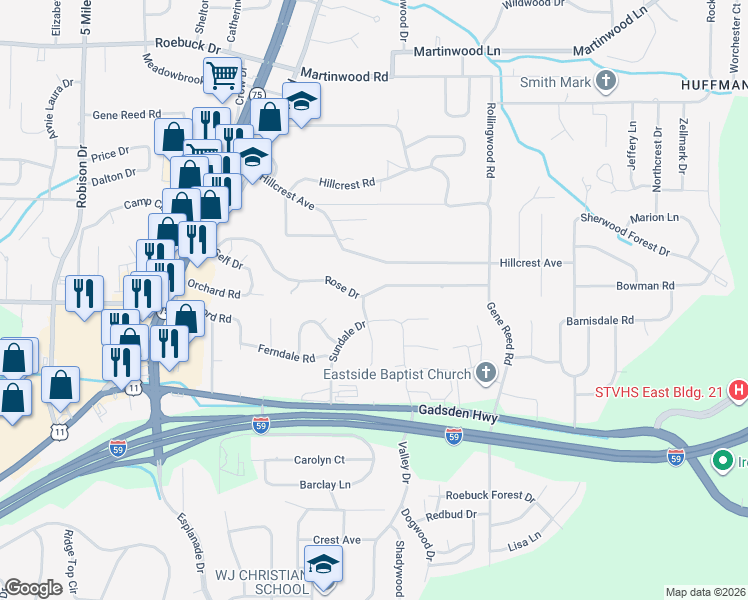 map of restaurants, bars, coffee shops, grocery stores, and more near 901 Rose Drive in Birmingham