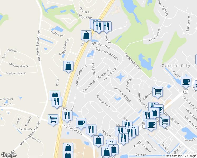 map of restaurants, bars, coffee shops, grocery stores, and more near 3200 Santee Drive in Murrells Inlet
