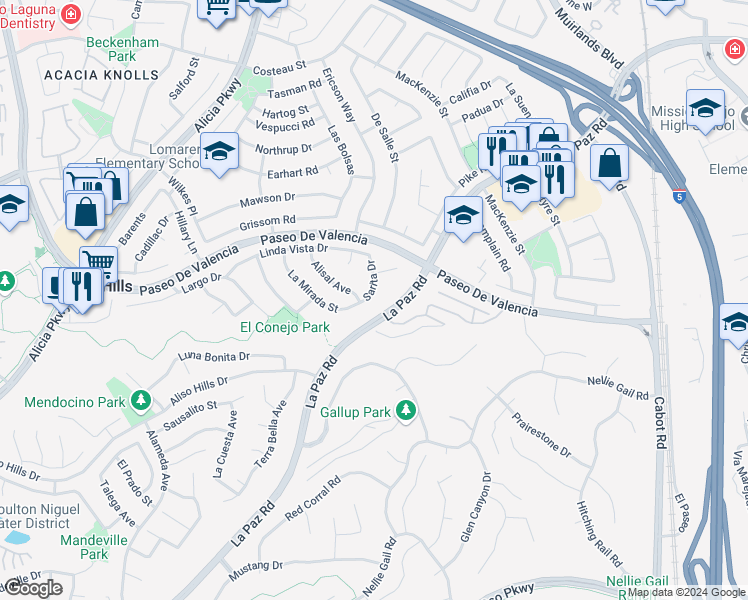 map of restaurants, bars, coffee shops, grocery stores, and more near 25562 Sarita Drive in Laguna Hills