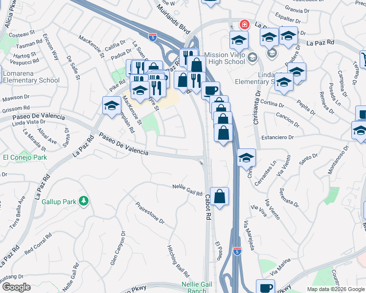 map of restaurants, bars, coffee shops, grocery stores, and more near 25921 Tree Top Road in Laguna Hills