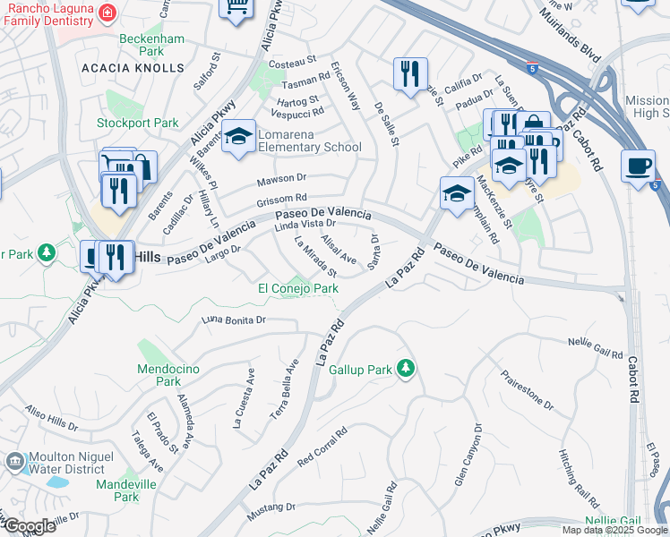 map of restaurants, bars, coffee shops, grocery stores, and more near 25552 La Mirada Street in Laguna Hills