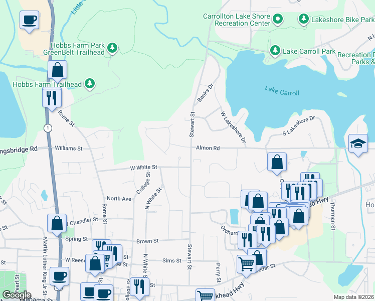 map of restaurants, bars, coffee shops, grocery stores, and more near 101 Grove Park Drive in Carrollton