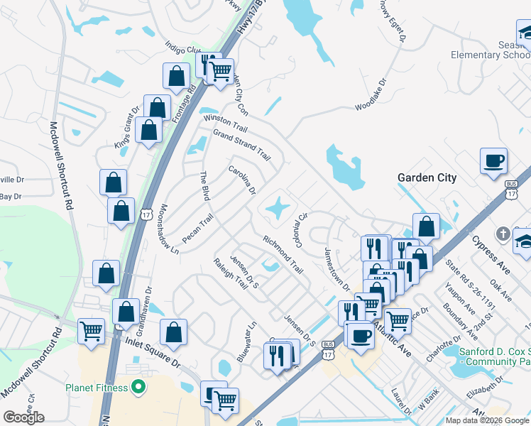 map of restaurants, bars, coffee shops, grocery stores, and more near 635 Woodmoor Drive in Murrells Inlet