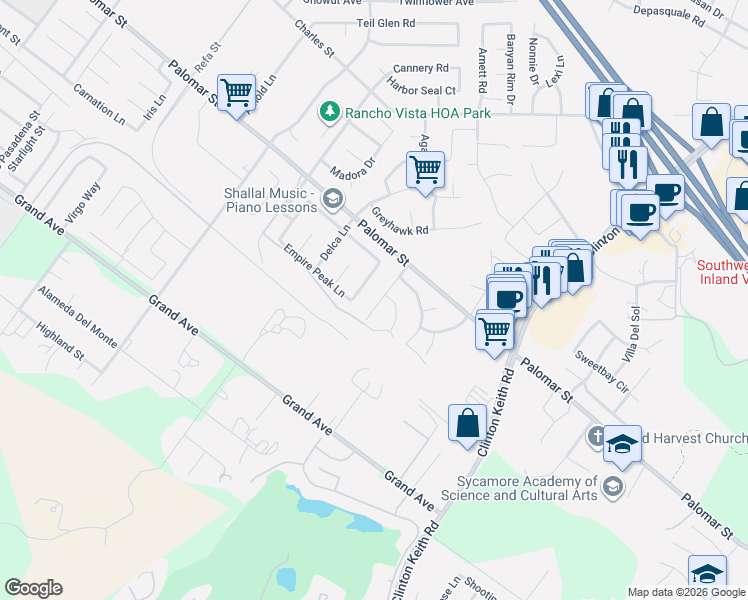 map of restaurants, bars, coffee shops, grocery stores, and more near 32517 Meadow Ridge Lane in Wildomar
