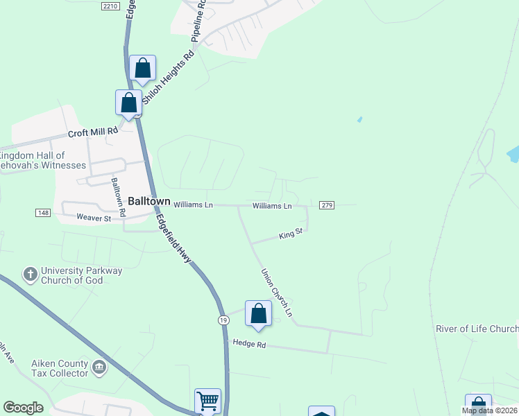 map of restaurants, bars, coffee shops, grocery stores, and more near 191A Williams Lane in Aiken