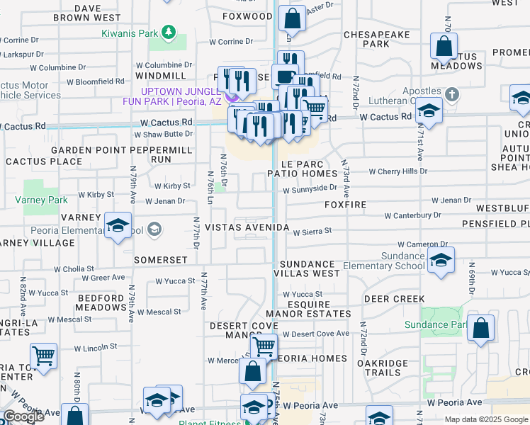 map of restaurants, bars, coffee shops, grocery stores, and more near 7515 West Jenan Drive in Peoria