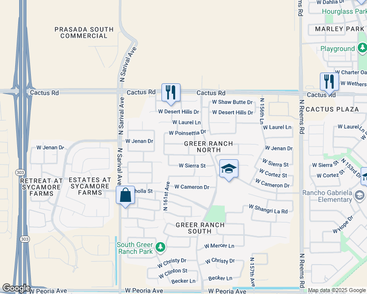 map of restaurants, bars, coffee shops, grocery stores, and more near 16015 West Jenan Drive in Surprise