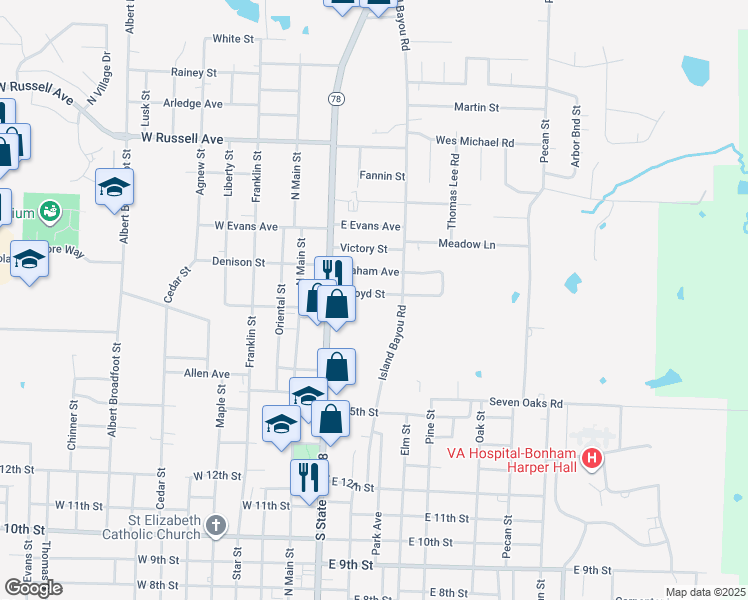map of restaurants, bars, coffee shops, grocery stores, and more near 236 E Boyd St in Bonham