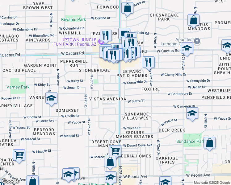 map of restaurants, bars, coffee shops, grocery stores, and more near 7515 West Jenan Drive in Peoria