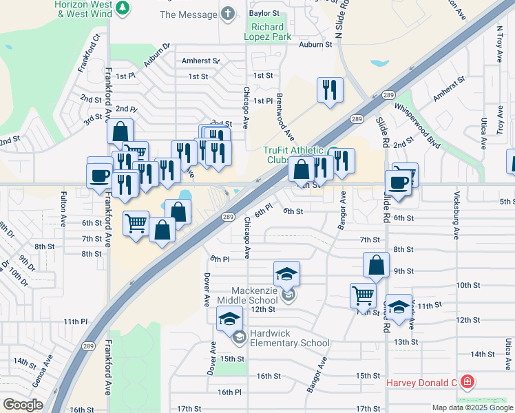 map of restaurants, bars, coffee shops, grocery stores, and more near 5462 6th Place in Lubbock