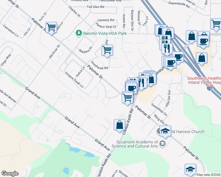 map of restaurants, bars, coffee shops, grocery stores, and more near 32431 Oak Hollow Court in Wildomar