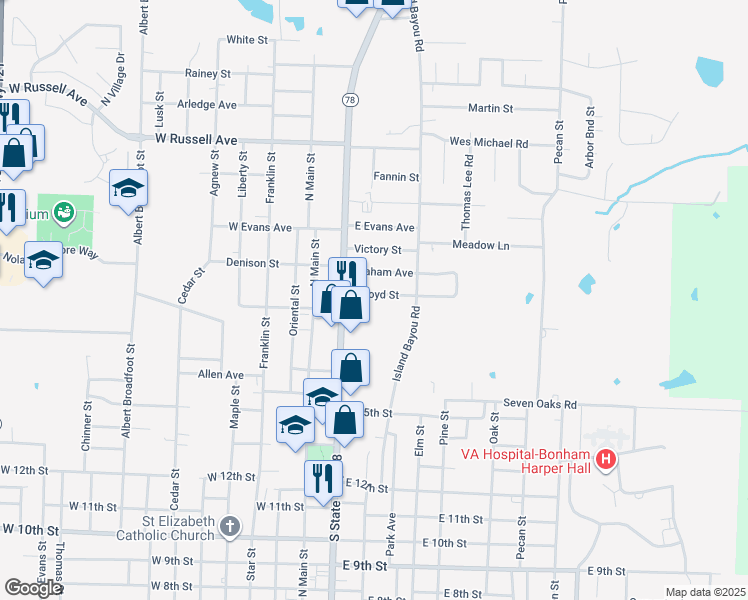 map of restaurants, bars, coffee shops, grocery stores, and more near 236 East Boyd Street in Bonham