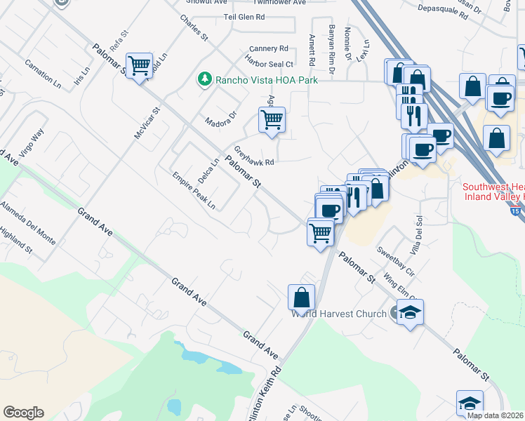map of restaurants, bars, coffee shops, grocery stores, and more near 32459 Whispering Glen Trail in Wildomar