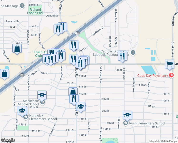 map of restaurants, bars, coffee shops, grocery stores, and more near 4924 6th Street in Lubbock