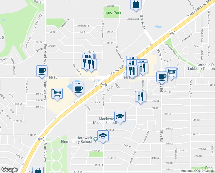 map of restaurants, bars, coffee shops, grocery stores, and more near 5462 6th Place in Lubbock