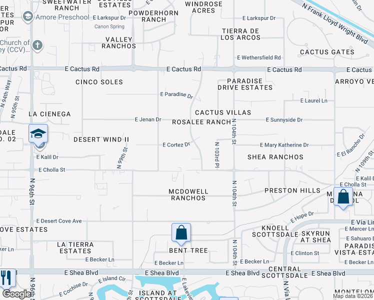 map of restaurants, bars, coffee shops, grocery stores, and more near 10186 East Kalil Drive in Scottsdale