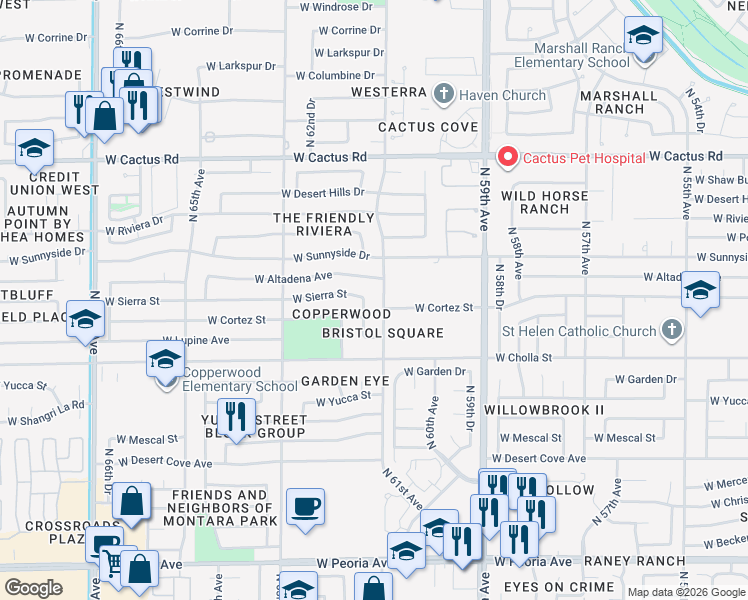 map of restaurants, bars, coffee shops, grocery stores, and more near 11615 North 61st Drive in Glendale