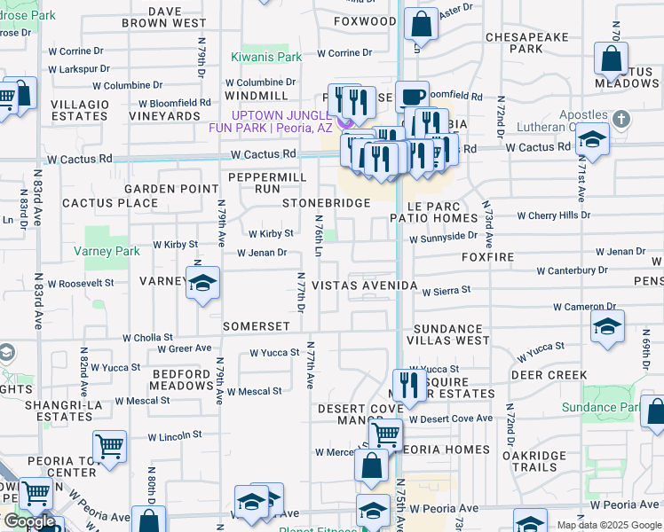 map of restaurants, bars, coffee shops, grocery stores, and more near 11643 North 76th Lane in Peoria