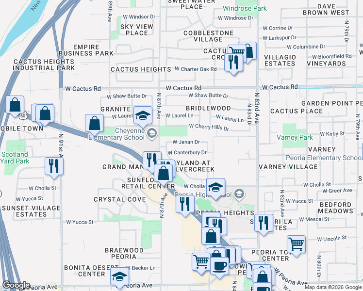 map of restaurants, bars, coffee shops, grocery stores, and more near 8642 West Canterbury Drive in Peoria