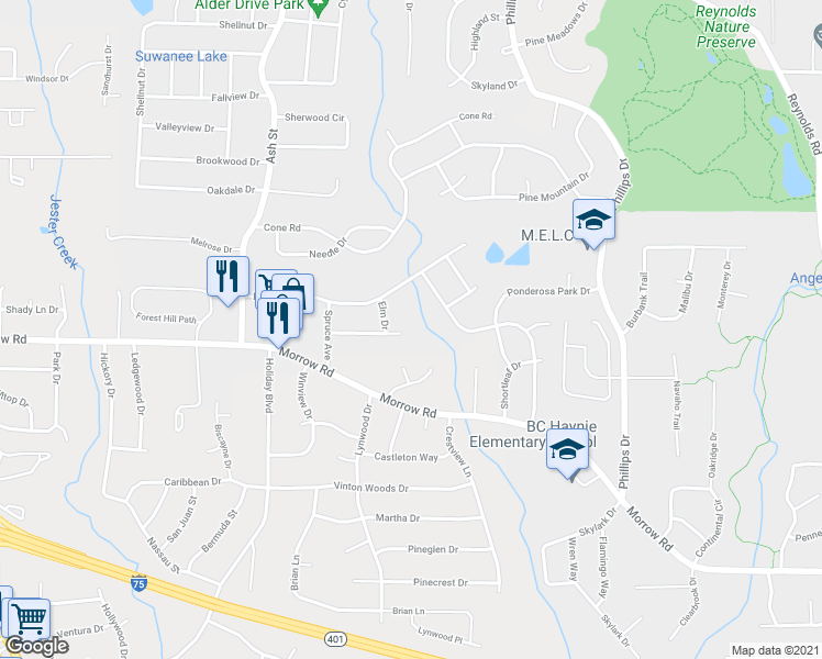 map of restaurants, bars, coffee shops, grocery stores, and more near 935 Slash Pine Road in Forest Park