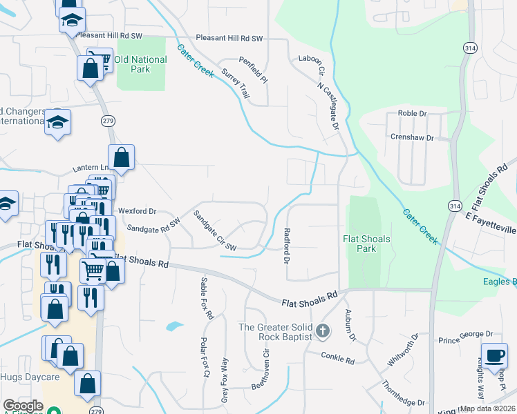 map of restaurants, bars, coffee shops, grocery stores, and more near 2120 Sandgate Circle Southwest in Atlanta