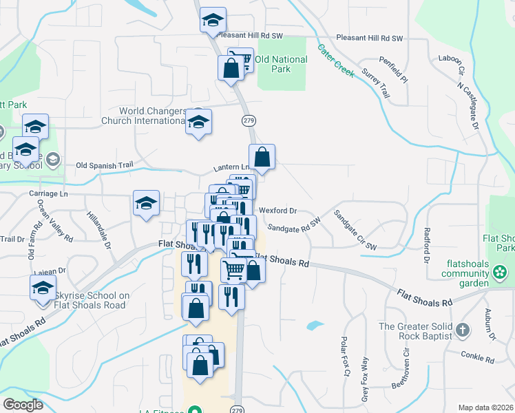 map of restaurants, bars, coffee shops, grocery stores, and more near 2399 Wexford Drive in Atlanta