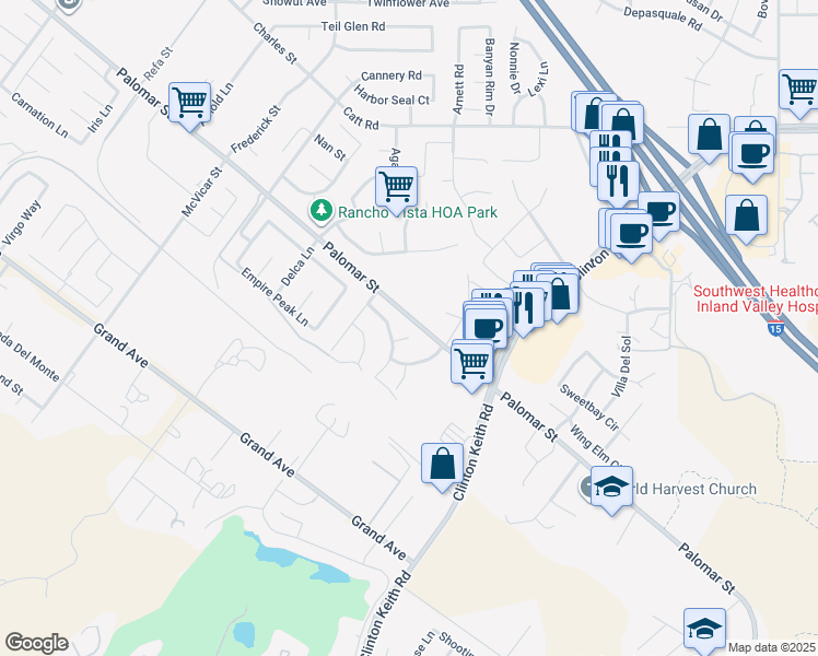 map of restaurants, bars, coffee shops, grocery stores, and more near 32431 Oak Hollow Court in Wildomar