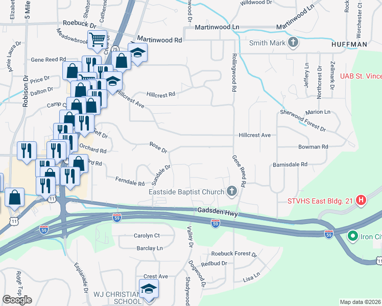 map of restaurants, bars, coffee shops, grocery stores, and more near 919 Rose Drive in Birmingham